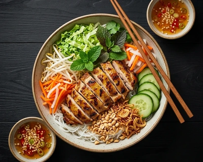 Lemongrass Chicken noodle bowl with fresh vegetables and crushed peanuts at Bon Vietnamese Cuisine, Redstone, Calgary